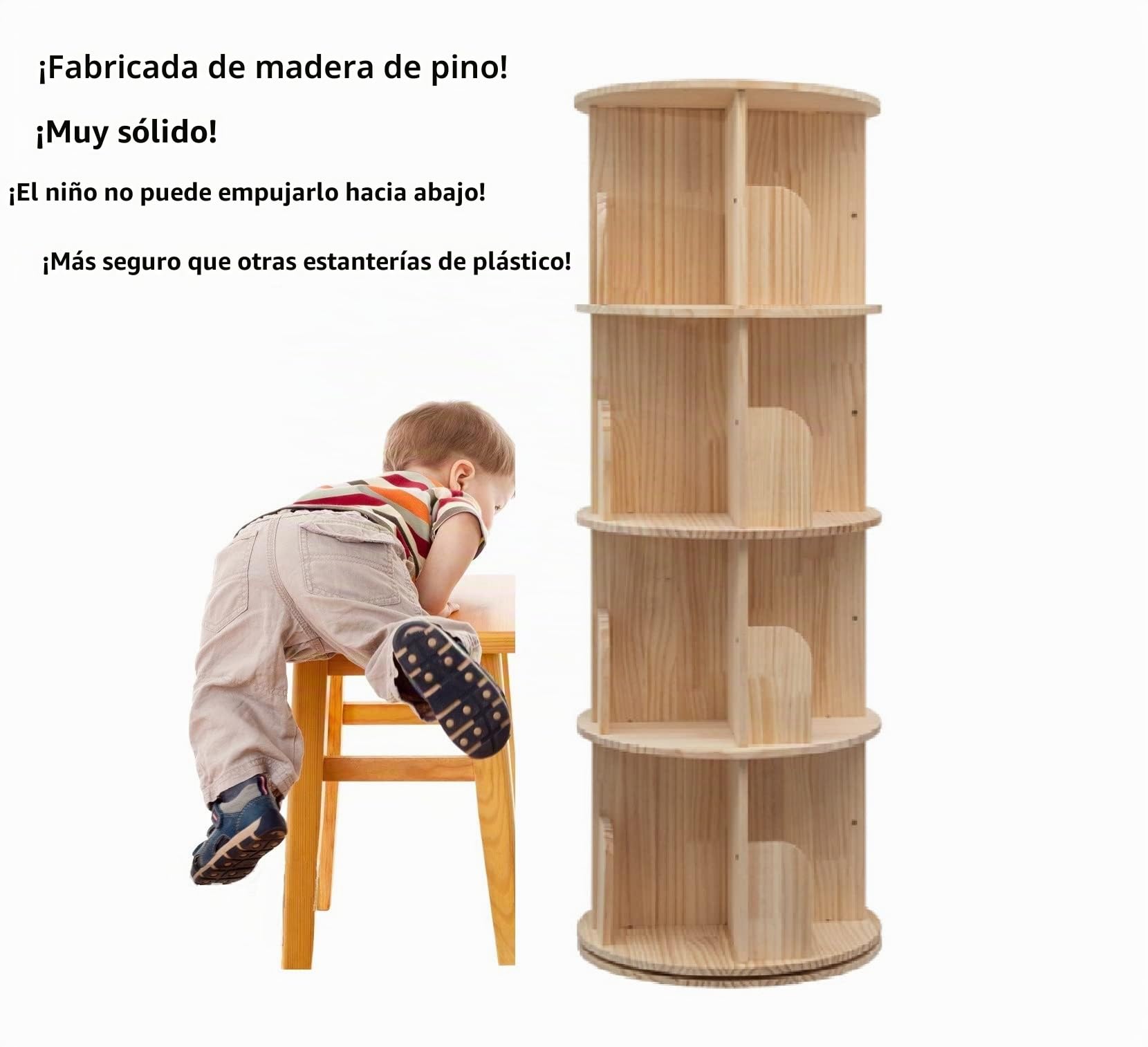 Heehee Estantería giratoria de 360 Grados, estantería de pie para Suelo de 4 Niveles, Estante de Almacenamiento para niños y Adultos, Organizador de estantería de Madera Maciza