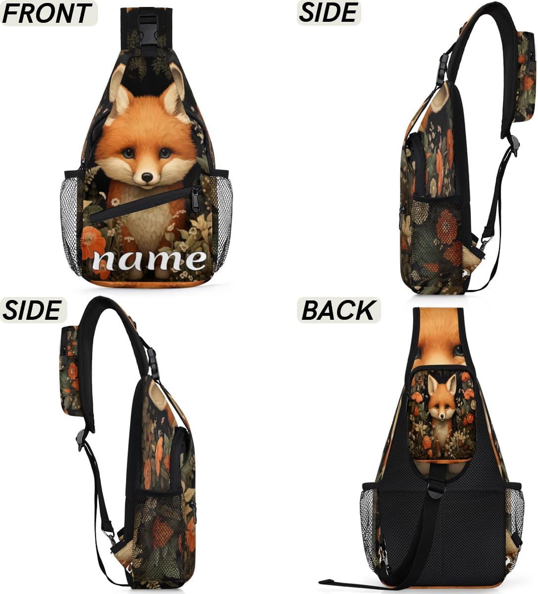 Fox Flowers Custom Sling Backpack Personalized Crossbody Bags for Women Men Chest Bag for Travel Hiking Sports
