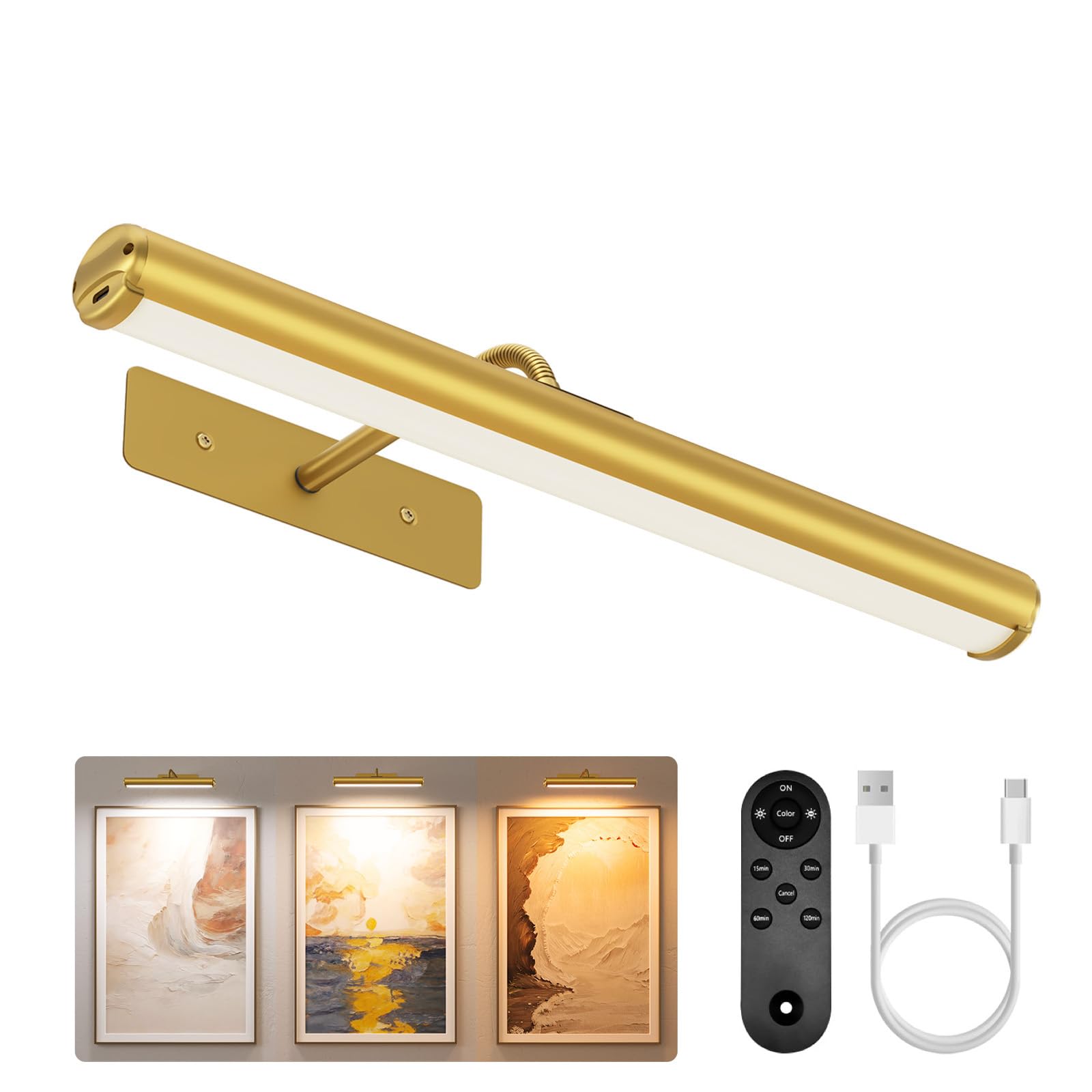 EZVALO Picture Lights for Wall, 13'' Wireless 4000mAh Rechargeable Battery Operated Painting Light with Remote, 3 Color Temperatures Art Light for Gallery, Living Room, Hallway (Gold, 13in)