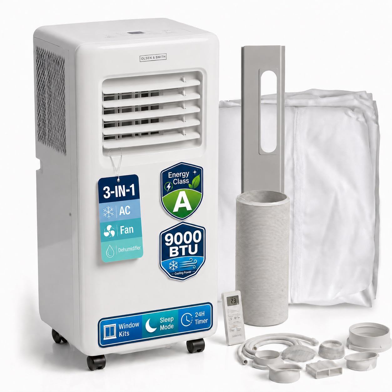 Olsen & Smith White 9000 Btu Portable Air Conditioner & Dehumidifier – 3-In-1 Quiet Cooling Fan With 2 Window Kits, 24H Timer & Remote Control – Mobile Aircon For Bedroom, Home & Office,