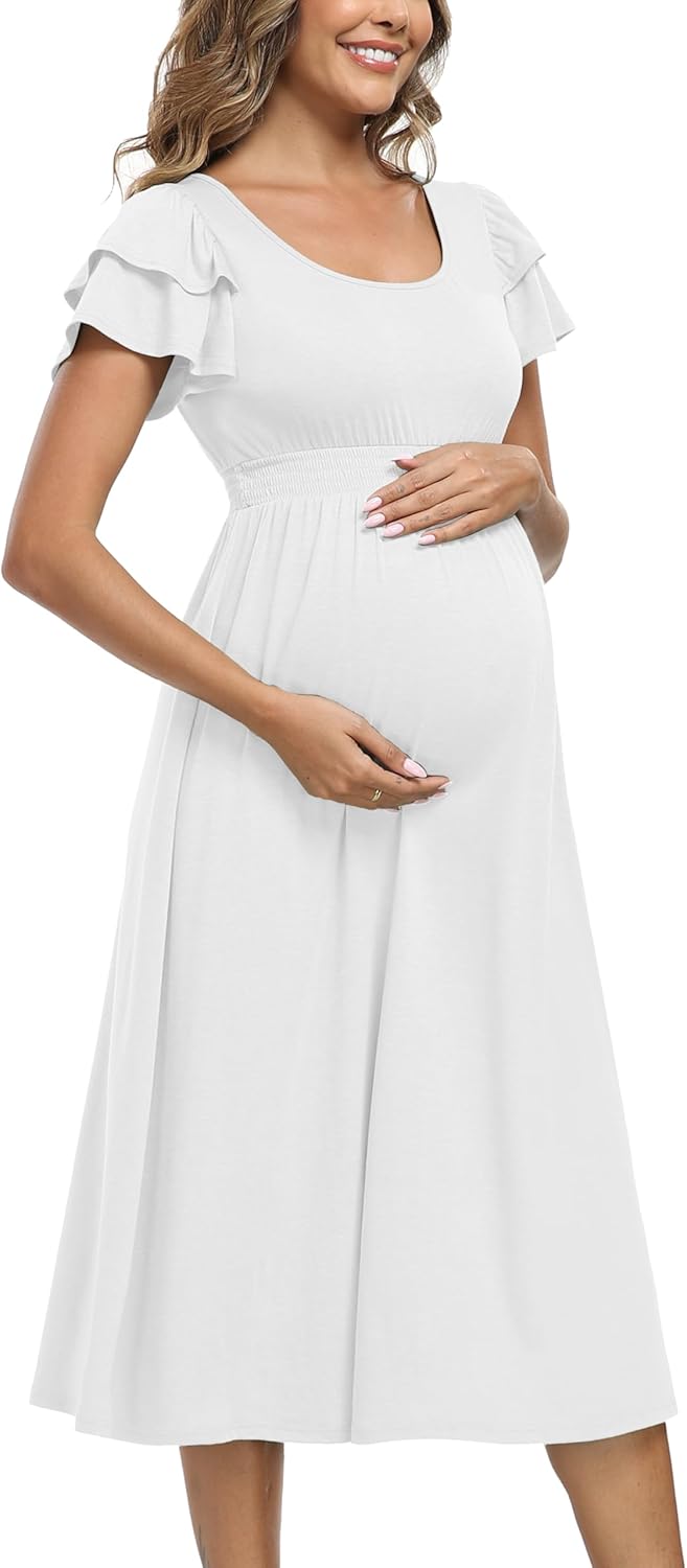 Summe Ruffle Short Sleeve Maternity Dress High Waisted Midi Baby Shower Dresses
