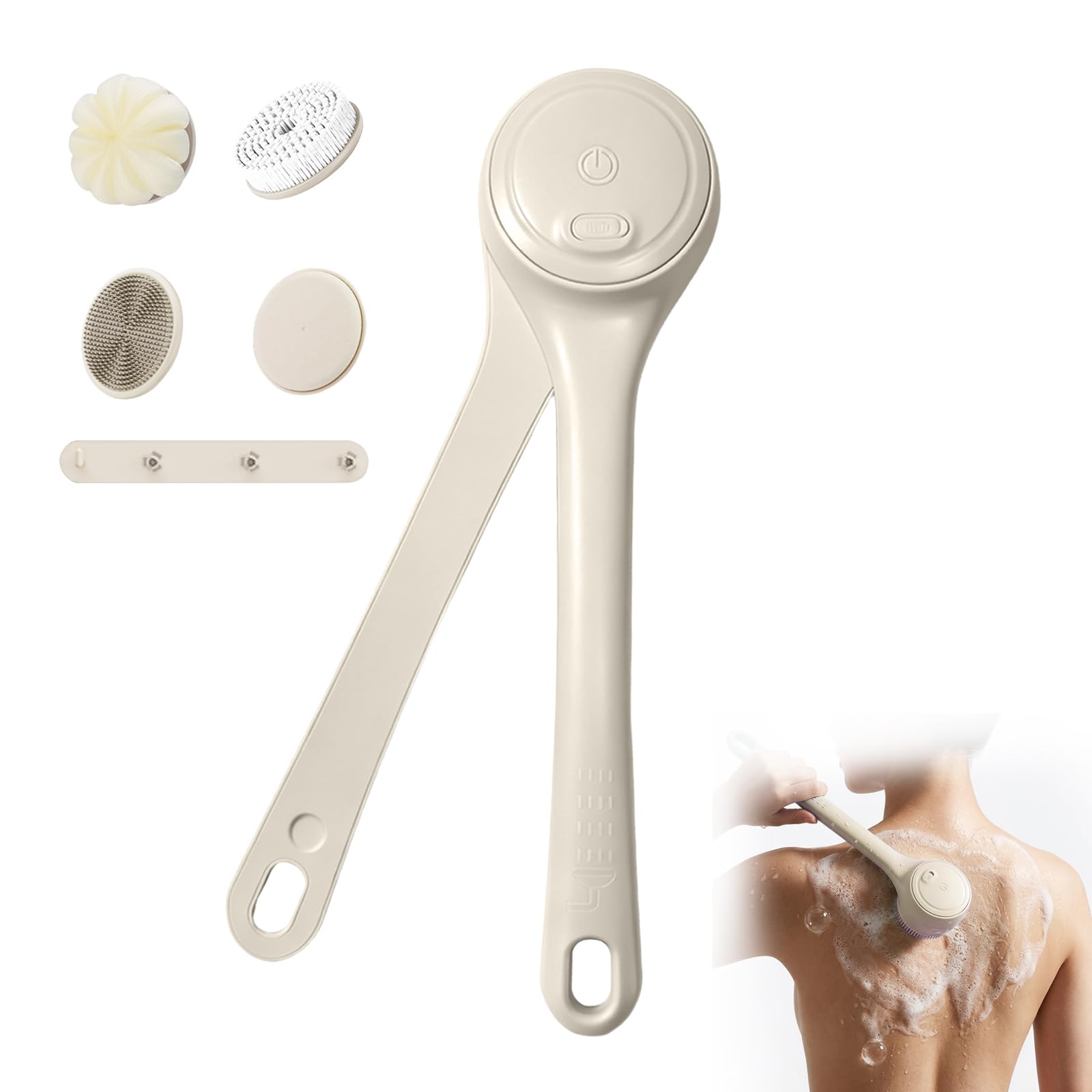 Elektrische Rückenbürste, Duschbürste mit 4 Reinigungsköpfen zum Eincremen Körperbürste für Women Men Senioren, IPX7, Doppelgriff mit 360-Grad-Drehung für Spa Exfoliating Massage (Milchkaffee)