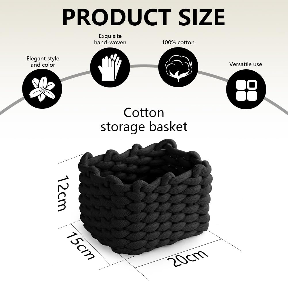 Aolso Cesto Portaoggetti in Corda di Cotone Intrecciato, 2pcs Contenitore Bagno Portaoggettii, Cestino Cameretta,Cestini Decorativi Quadrati per Portaoggetti per Trucchi,Giocattoli, Calzini, Nero