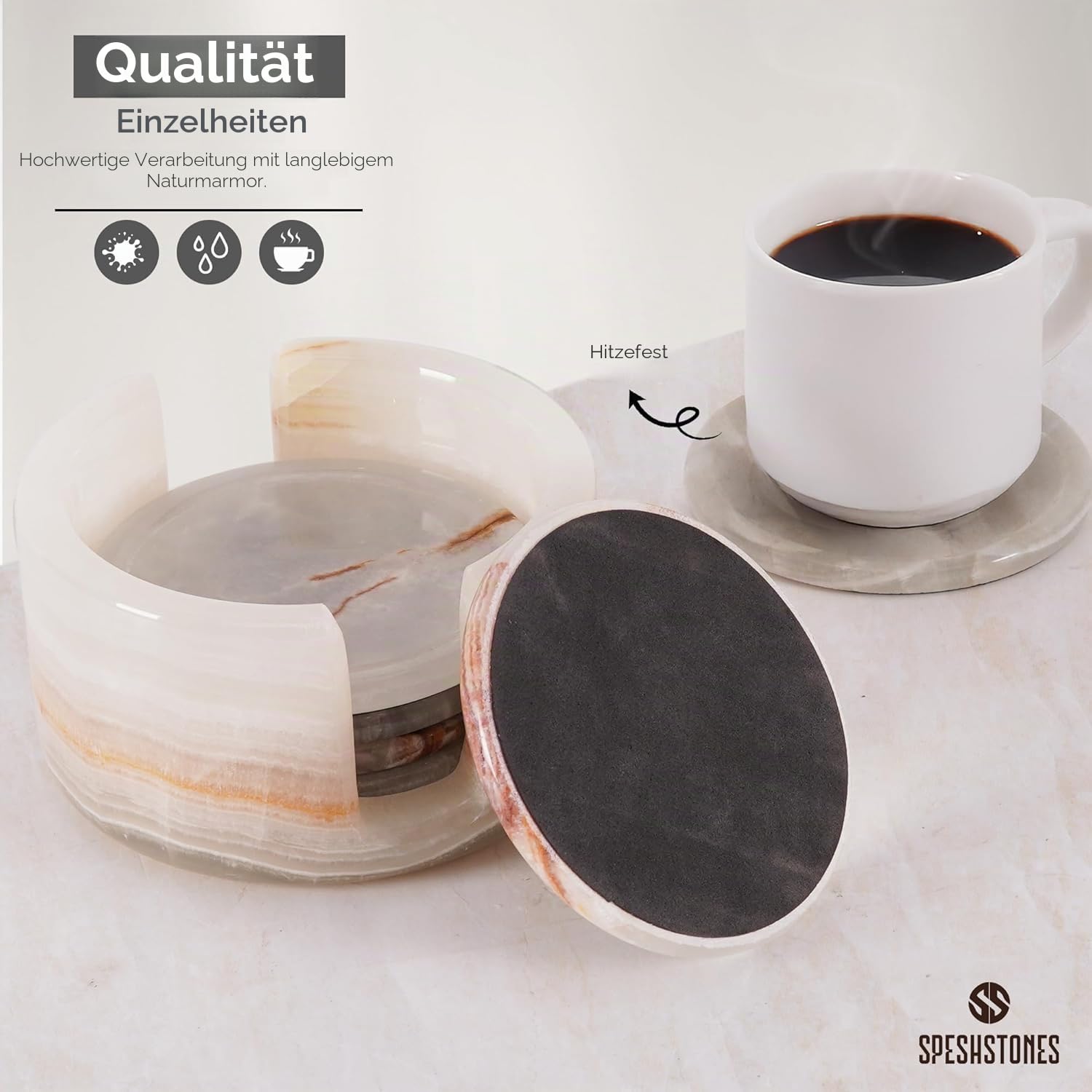 SPESHSTONES Set mit 6 runden Untersetzern 8,9 cm, aus Marmor und weißem Onyx inklusive Halterung, ideal für Cafés, Bars, als Geschenk, für Esstische und als Dekoration für Zuhause