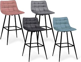 IDMarket – Juego de 4 taburetes de bar Mady de terciopelo Mix Color Pastel azul, gris claro, gris oscuro, rosa