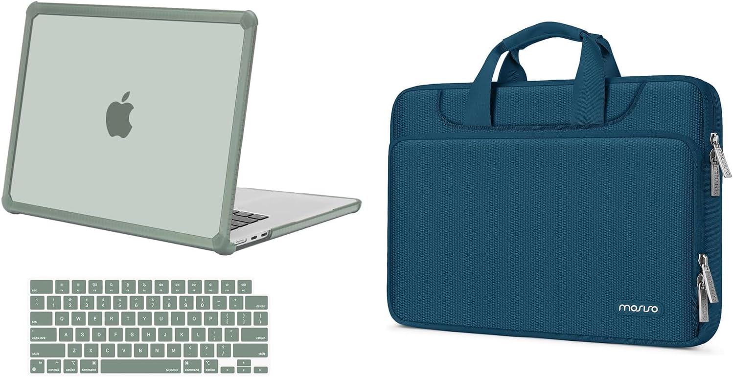 MOSISO Compatible with MacBook Air 15 inch Case 2025-2023 M4 A3241 M3 A3114 M2 A2941, Anti-Cracking Heavy Duty Hard Shell with TPU Bumper&Keyboard Cover&Matching Color Bag,Emerald Green&Teal Green