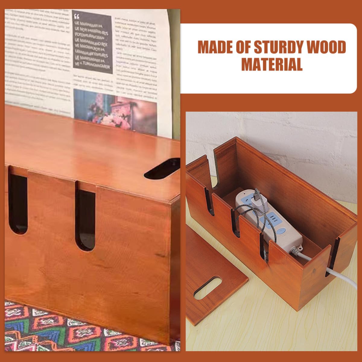 Healeved Scatola Organizer per Cavi da Scrivania in Legno Marrone, Contenitore per Prese e Caricabatterie Design Moderno e Semplice, per Ufficio e Casa