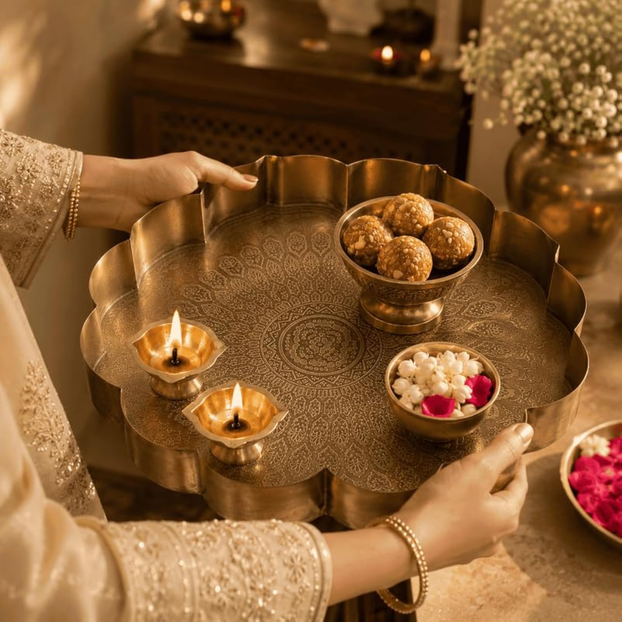 Mandala Iron Tray, Gold Scalloped Round Serving Tray