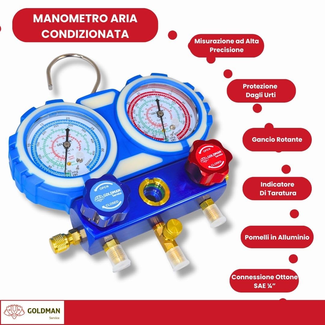 GOLDMAN SERVICE | Kit Manometro Climatizzazione con 3 Tubi di Ricarica e Misura di Gas Refrigerante per Auto AC | R410A R407C R32 R134a