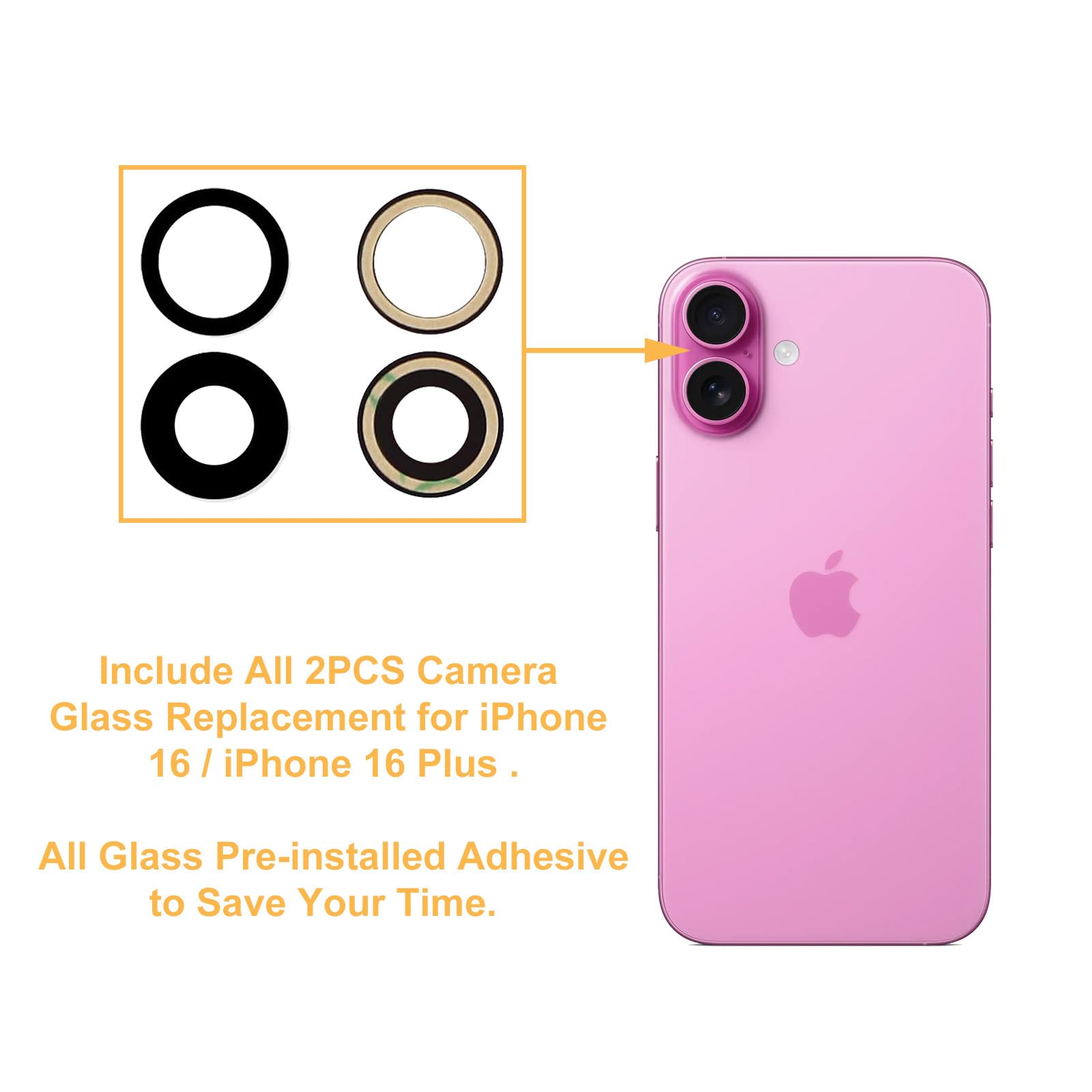 Cemobile 1 Set Original Arrière Caméra Arrière Lentille Verre Remplacement Pour IPhone 16 Et IPhone 16 Plus Avec Adhésif Préinstallé Et Kit D'outils De Réparation