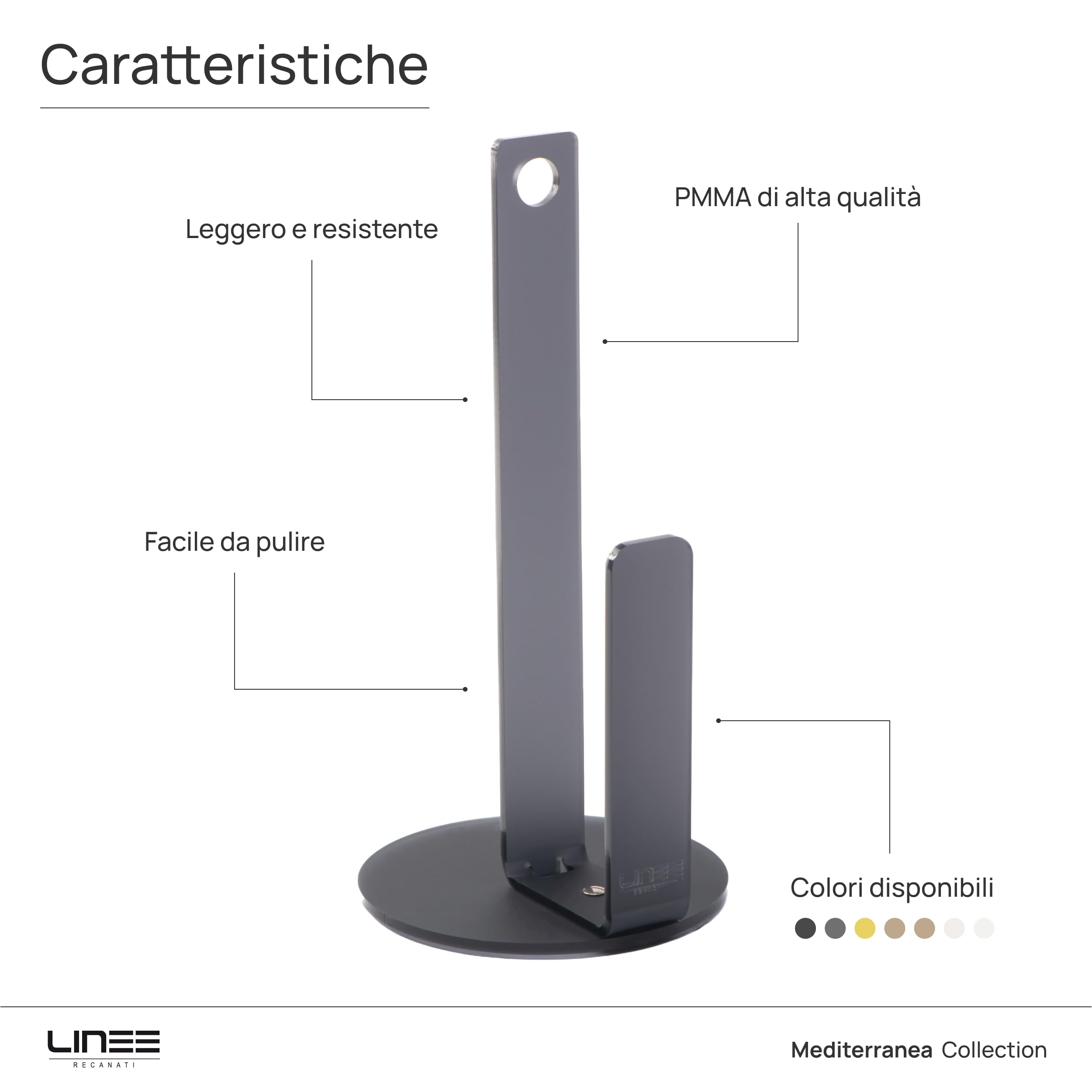 LINEE Recanati MEDITERRANEA Portarotolo in PMMA 16x16x33 cm – Accessorio da Tavola Moderno – Design Elegante Made in Italy (Fumè Grigio Satinato)