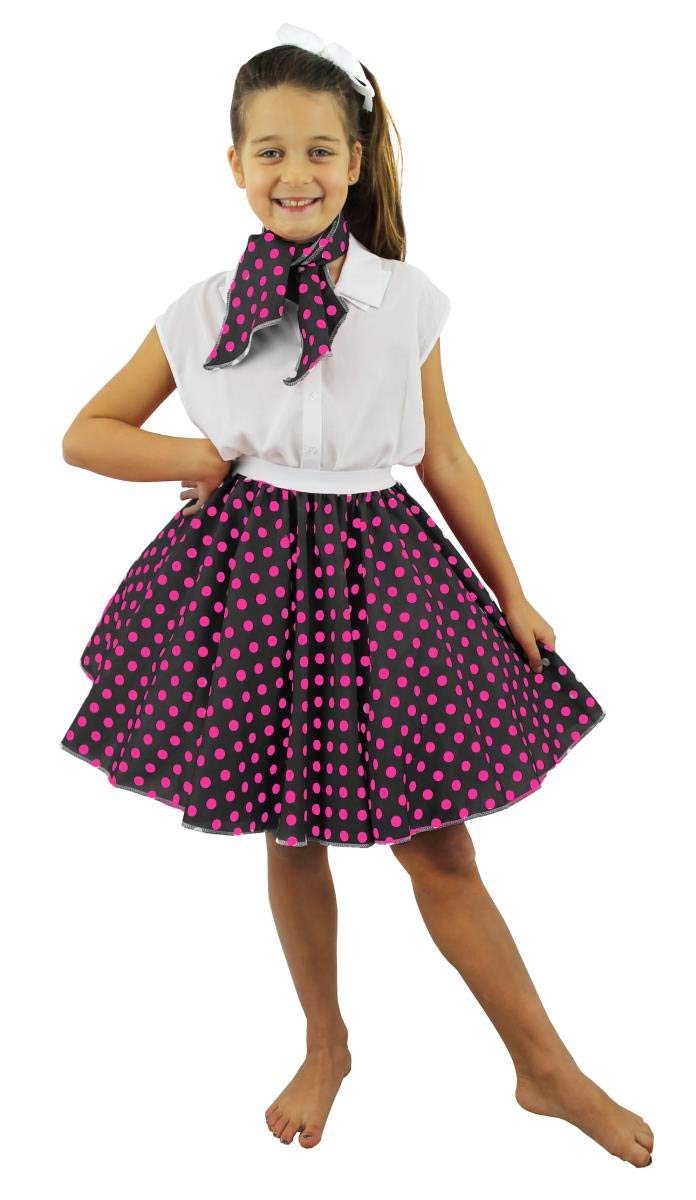 Deluxe Childs Rock N Roll Skirt Fancy Dress Costume Set 18" Long (46 Cm) Polka Dot 50'S Skirt With Neck Scarf Coloured Rock And Roll Swing Outfit Child (Black With Pink Dots) — image 1