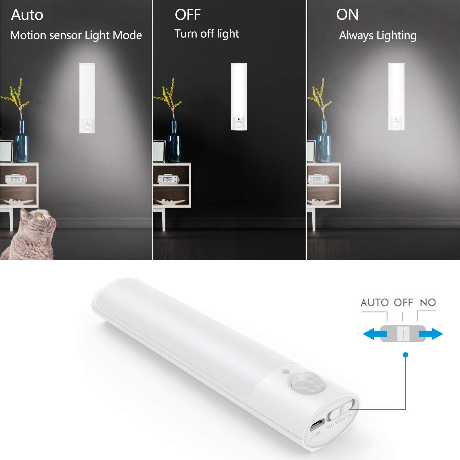 Lampka nocna LED z czujnikiem ruchu, lampka do szafki USB ładowana na baterie wewnętrzne lampki nocne z magnesem i samoprzylepną podkładką 3M do sypialni szafki szafy korytarza kuchni (biała)