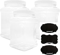 Vista 1 de Cornucopia Brands 3-Pack Square 64oz 1/2 Gallon Plastic Canisters; 8-Cup Capacity Clear Jars w/Lids & Chalk Labels, BPA-Free Lightweight PET #1
