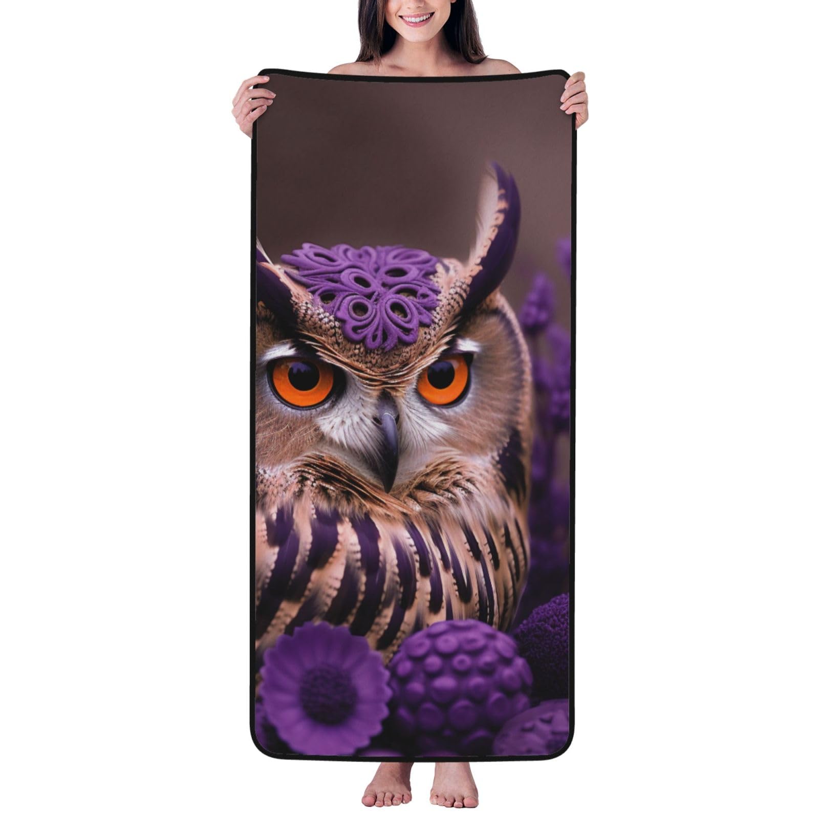 WPKJU Owl in The Flowers Printed Bath Towel with Black Edging - 27x55 in Soft Extra Absorbent Coral Velvet Shower Towels for Bathroom