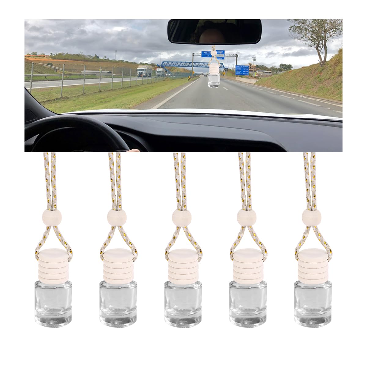 5PCS Hanging Car Air Freshener, 8 ml Oil Diffuser Perfume Aromatherapy Pendant Empty Glass Bottle, Fragrance Ornament with Vent Clip Wooden Cap and Rope, Auto Interior Decoration (Cylindric)