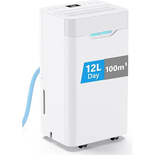 Deshumidificador 12L/Día, con 3 Modos, Temporizador de 24h, Apagado Automático, Deshumificadores de humedad para Hogar hasta 100m³, Tubo de Drenaje Drenaje Continuo, para Baños, Dormitorios, Blanco