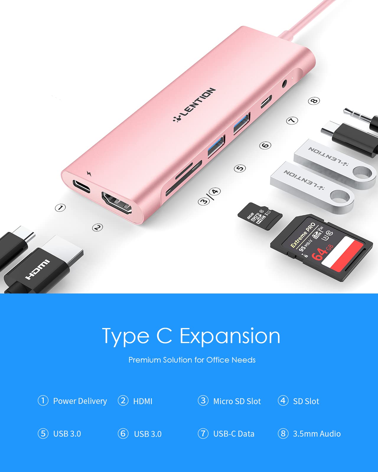 LENTION Długi kabel USB C Hub z 4K HDMI, 2 USB 3.0, czytnik kart, Aux, typ C / adapter ładowania 100 W do MacBooka Pro 2023-2016, nowego Mac Air/Surface, ChromeBook, więcej (CB-C37, różowe złoto)