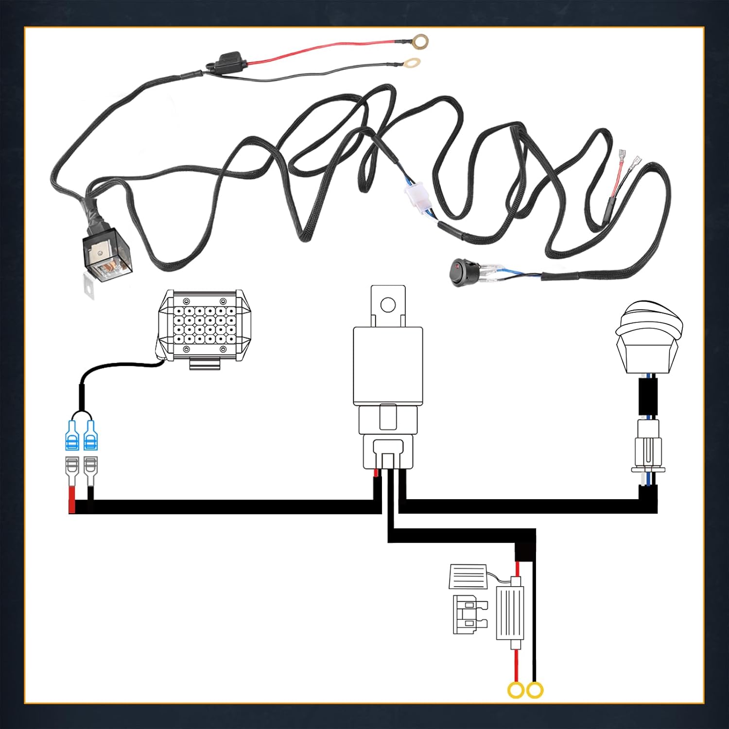 Wiring Harness Kit 12AWG 1 Lead, Nirider 12V Heavy Duty Rocker Switch Relay Fuse Nylon Wiring Harness for LED Light Bars Fog Lights Work Lights Driving Offroad LED Pods Wire Kit for Truck UTV ATV Car
