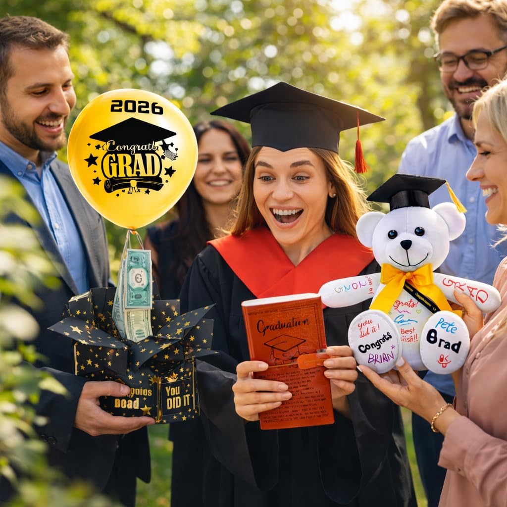 2026 Graduation Gifts Set for Him Her, 14" Autograph Graduation Bear with Money Holder for Cash Gift, Graduation Guest Book, Grad Bear Keepsake Gift Kit for Graduation Party Favor Senior College
