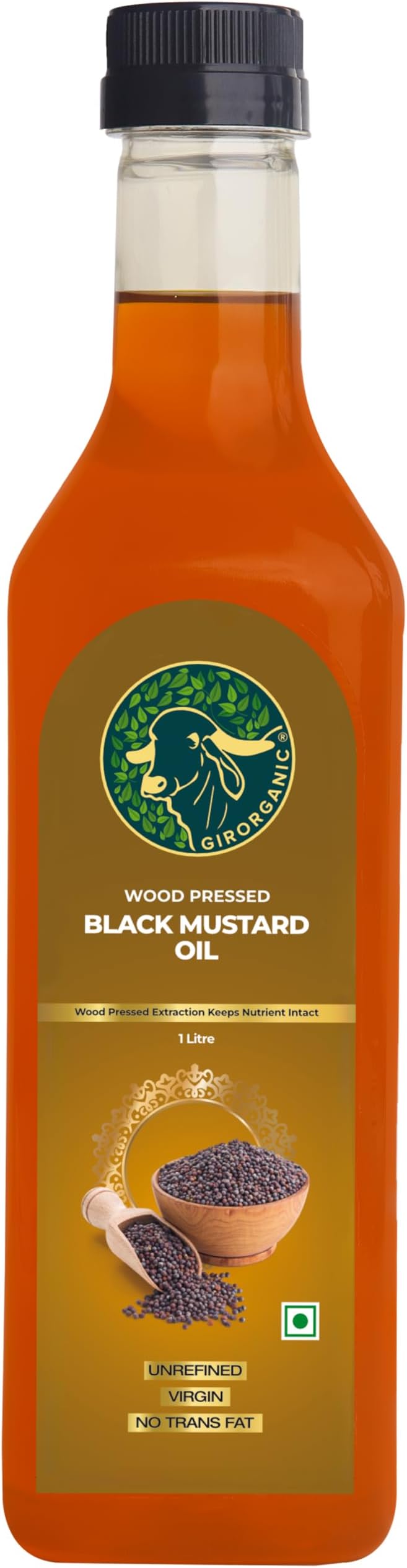 GirOrganic Mustard Oil 1 Litre | Kacchi Ghani Virgin Oil | Unrefined & Unfiltered Cold Pressed Oil | Rich Aroma & Flavour | Wood Pressed Black Mustard Seeds | PET Bottle