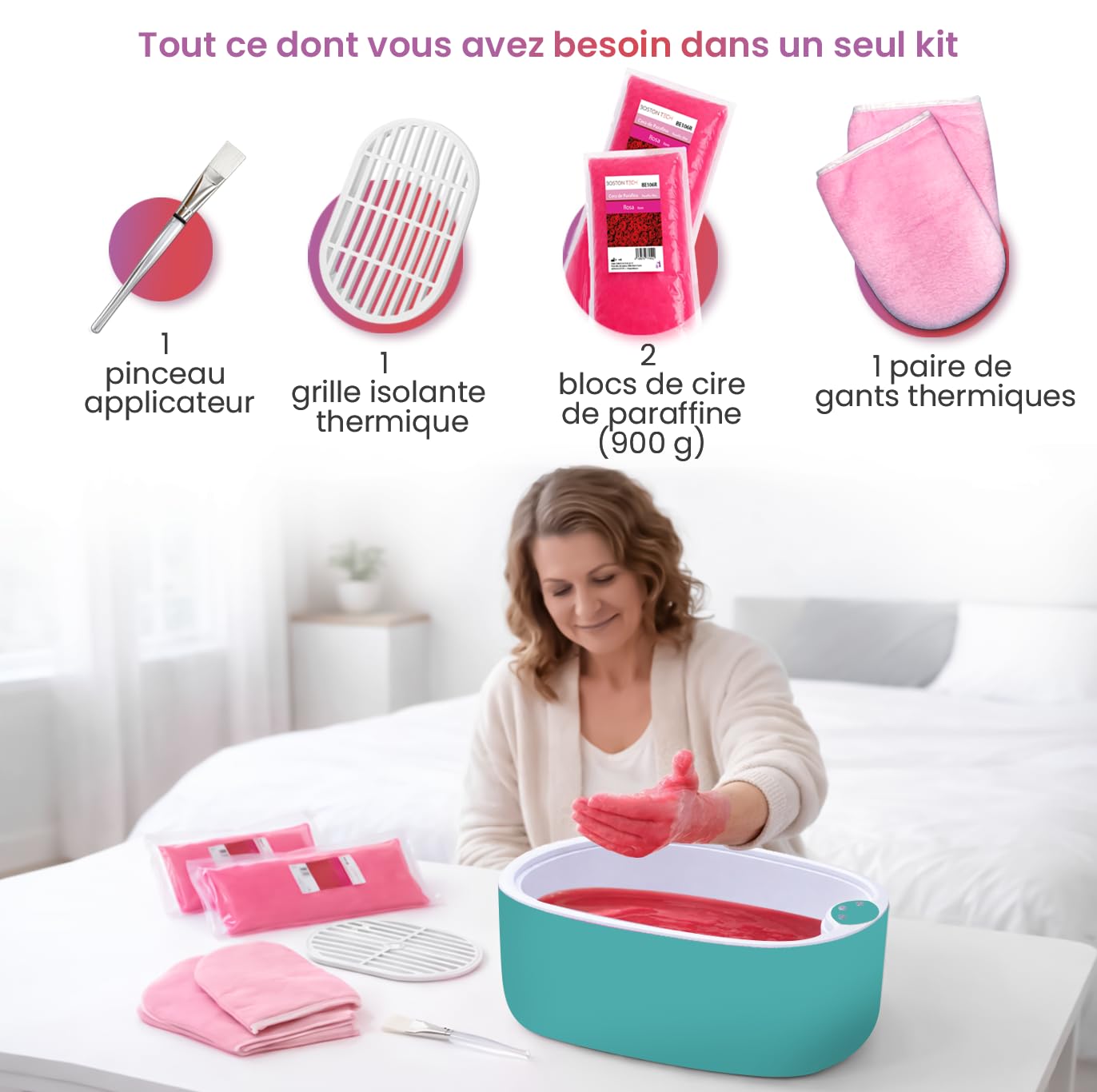 Bain de Paraffine pour les Mains et les Pieds de Boston Tech® | Soulagement des Douleurs Musculaires et Arthrite | Hydrate, Adoucit et Revitalise la Peau | Capacité 5L + 2 Blocs de Cire + Accessoires