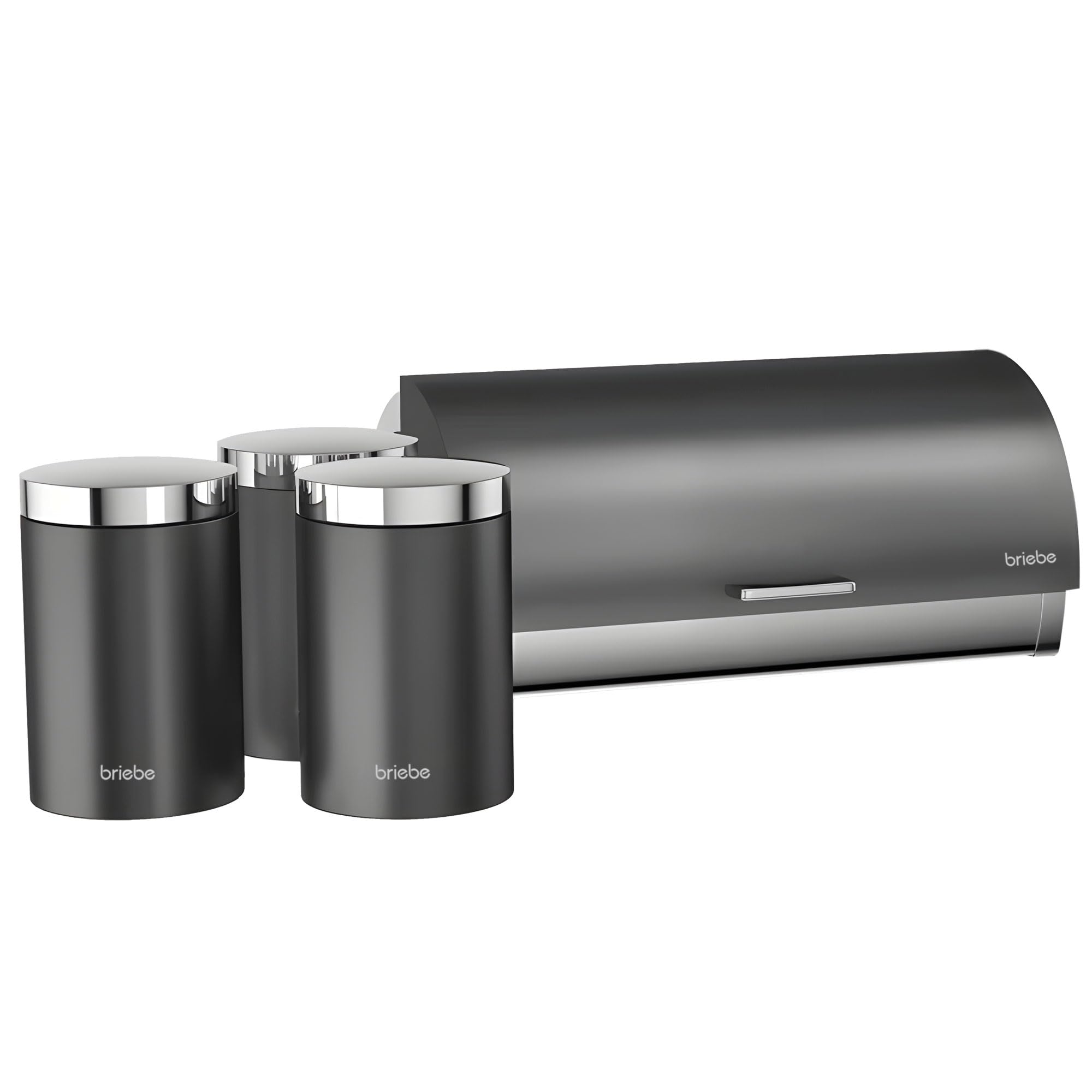 briebe Table Bread Bin Set + Set of 3 Kitchen Storage Cans, Stainless Steel, Container for Storing Bread and Bakery, Sliding Lid, Modern Design, Bread Box, Anthracite / Stainless Steel