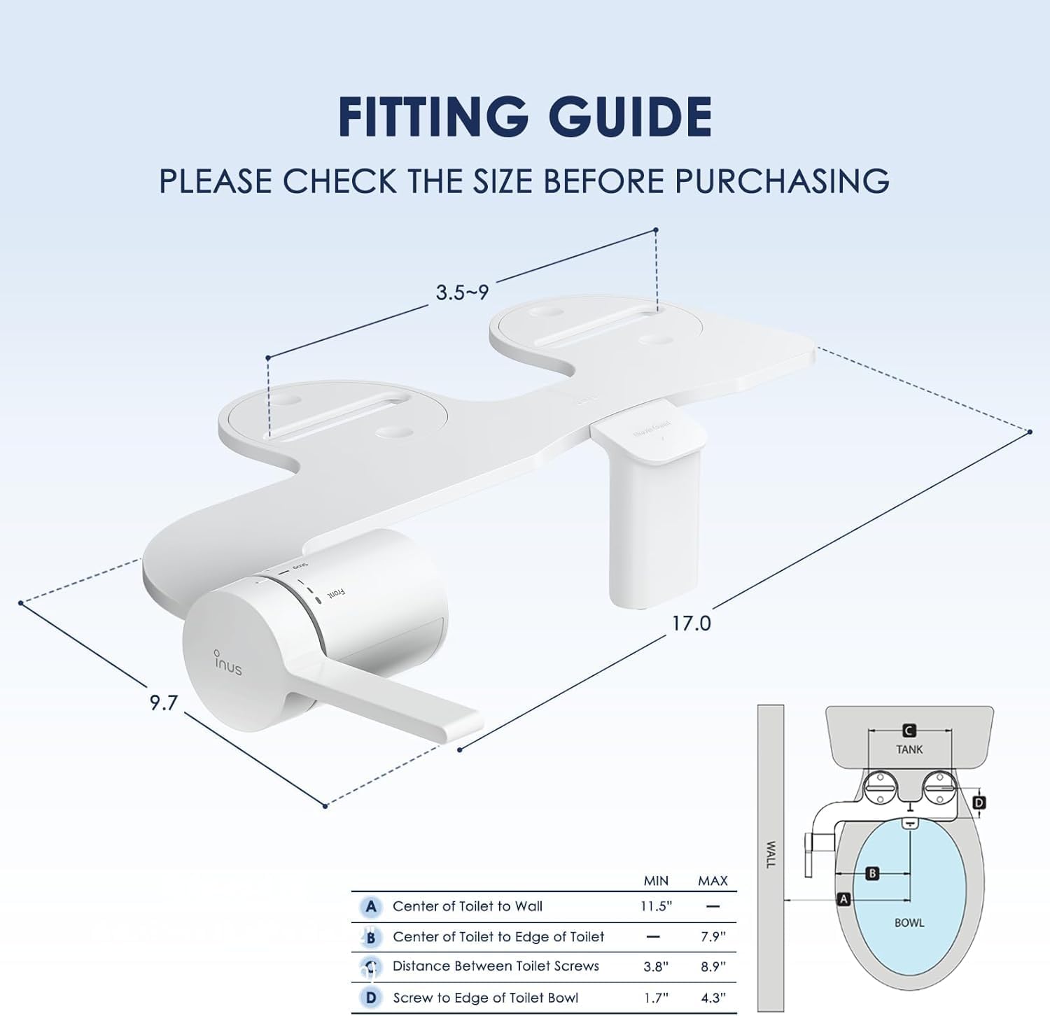 INUS Dual Nozzle Bidet Attachment for Existing Toilets Seat,Slim Non-Electric Bidet Toilet Seat Attachment with Easy-to-Hold Design Control-White Color