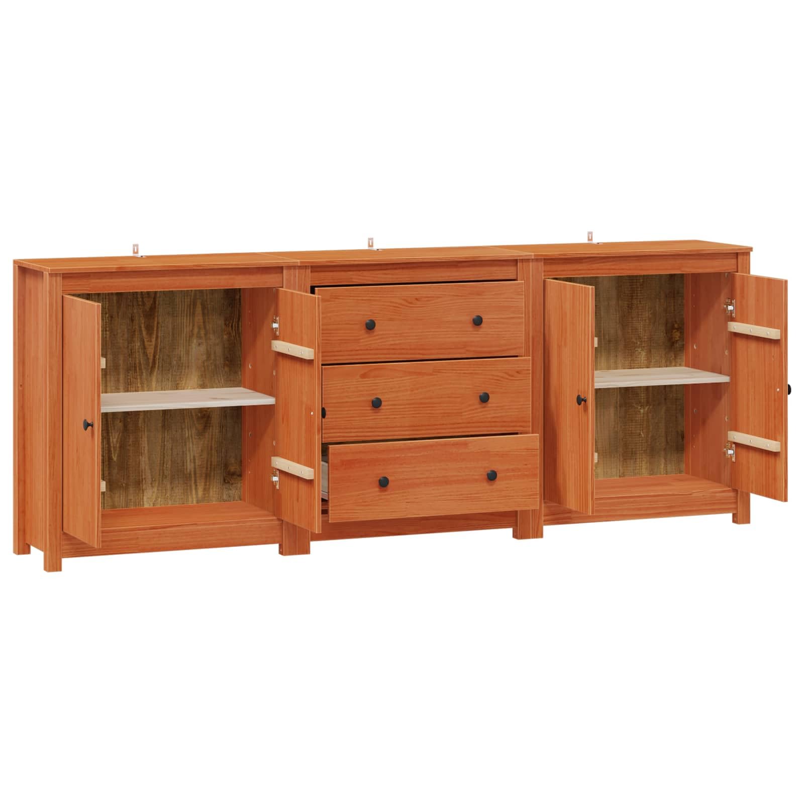 Set di 3 credenze in legno massello di pino marrone cerato, 210 cm