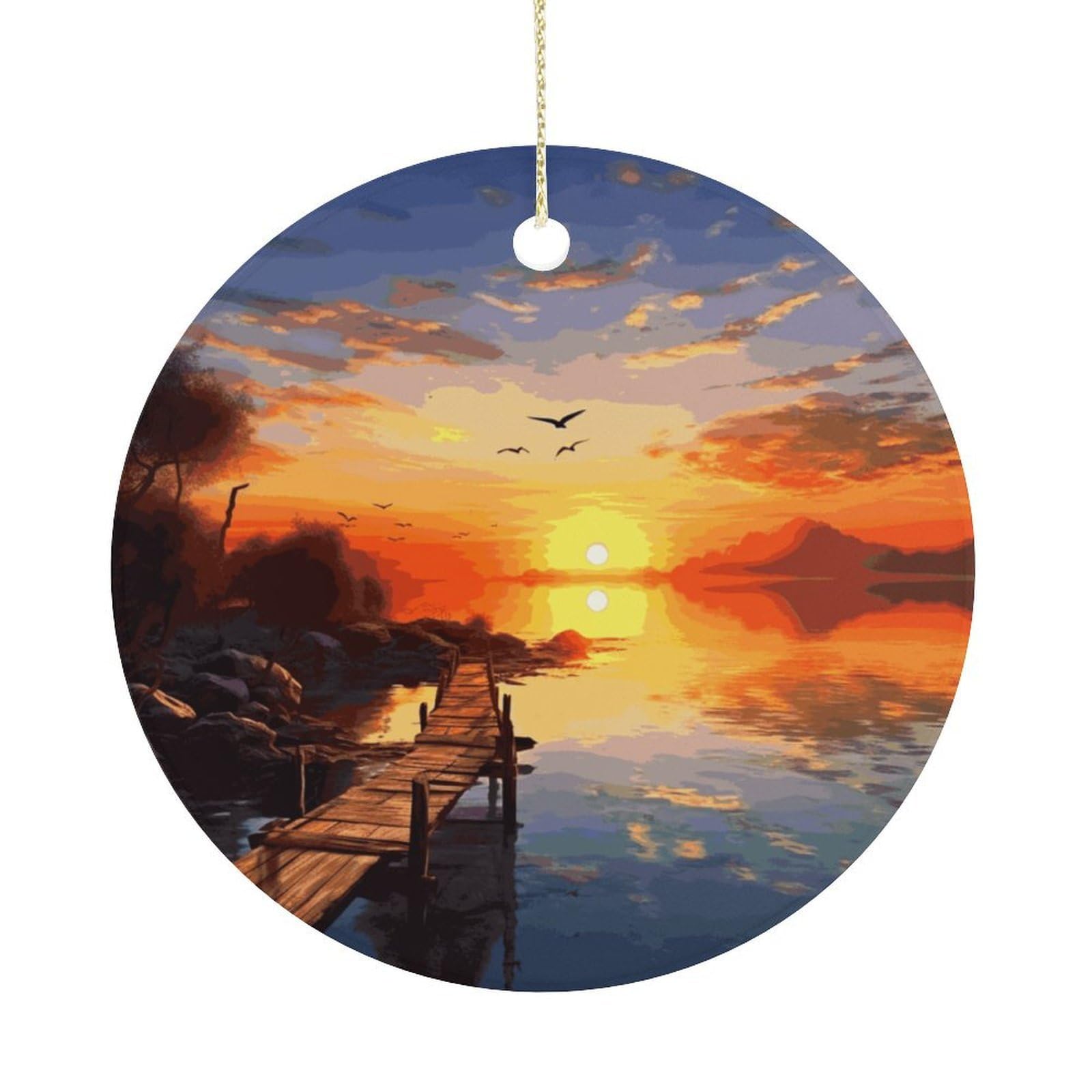 Sunset Scenery Christmas Ornaments Colorful Round Ceramic Ornament Christmas Hanging Decor Christmas Tree Decorations Xmas Keepsake for Women Men Xmas Holiday Party