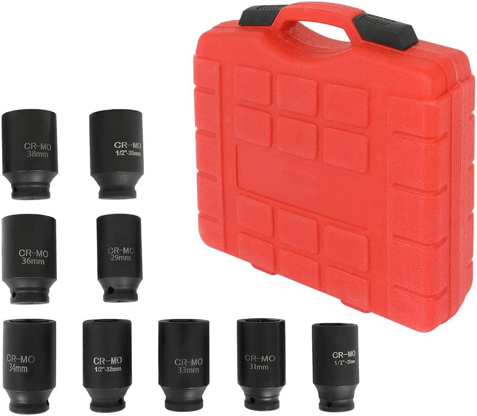 9-Piece 1/2 Inch Drive Deep Impact Axle Hub Socket Set Cr-V Spindle Joint High Torque Wheel Nut Sockets Fit For Most Cars, 6 Point, 29mm,30mm.31mm,32mnm,33mm, 34mm, 35mm, 36mm, 38mm