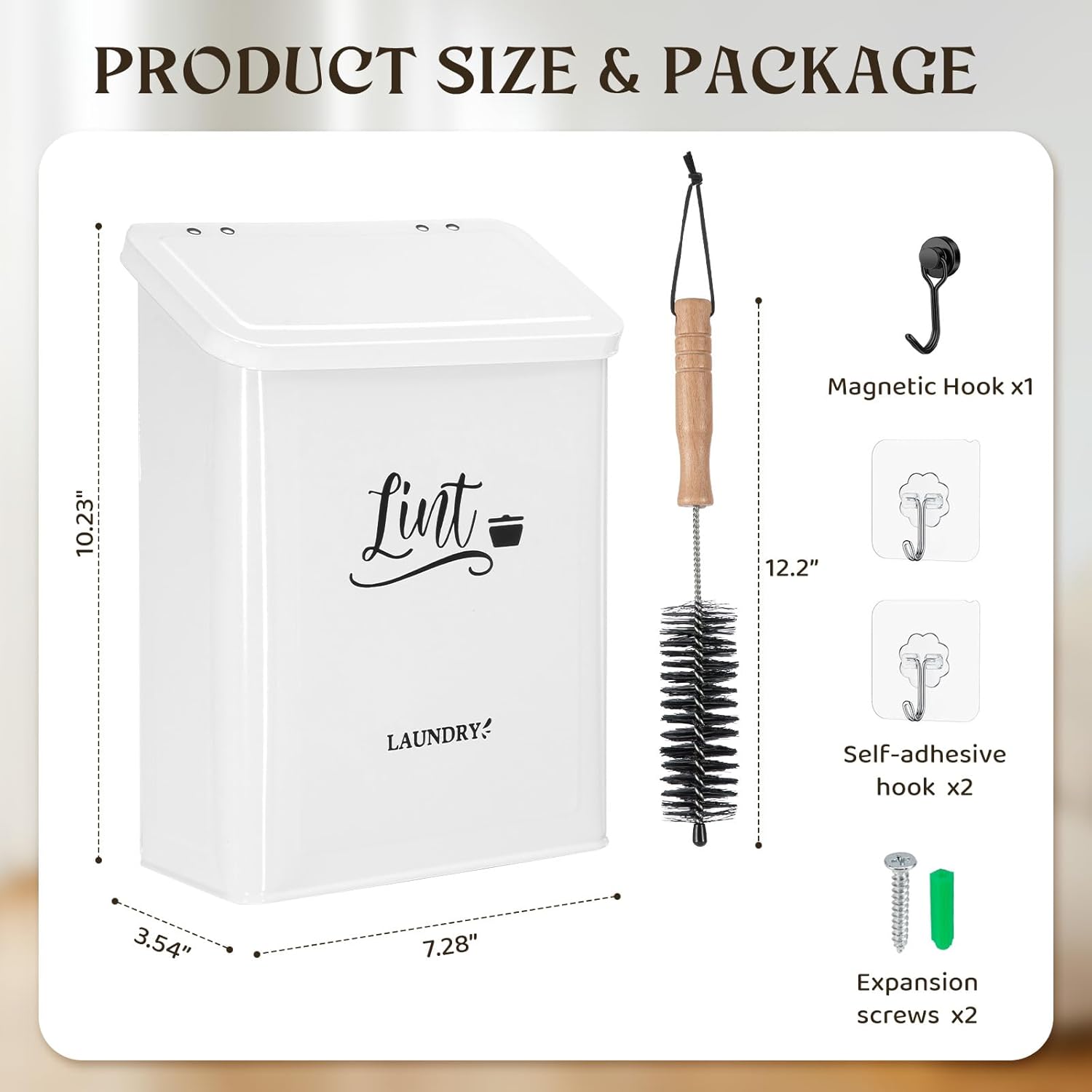 CINPIUK Magnetic Lint Bin for Laundry Room with Brush & Hook - Large Laundry Organizer and Storage, Wall Mounted Trash Can with Lid, Space-Saving Dryer Lint Holder Laundry Room Decor, White