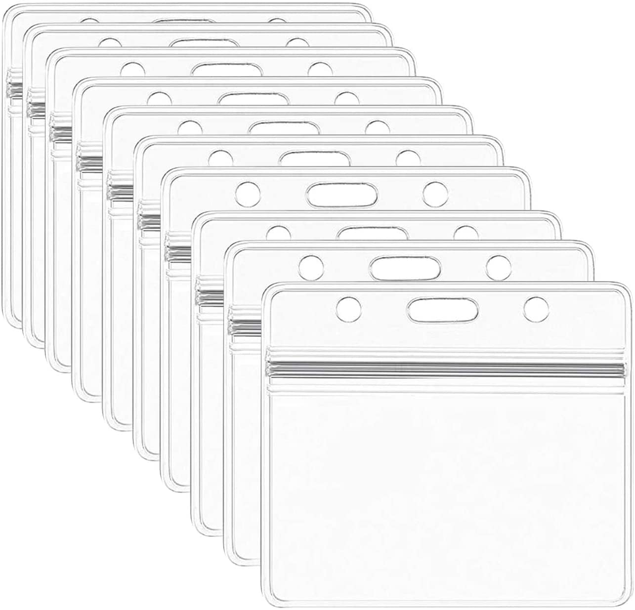 Khazna Pack 10 Clear Plastic Heavy Duty Horizontal Name Badge ID Card Holders with Waterproof Resealable Zip, Plastic ID Card Holder (Pack of 10 Horizontal)