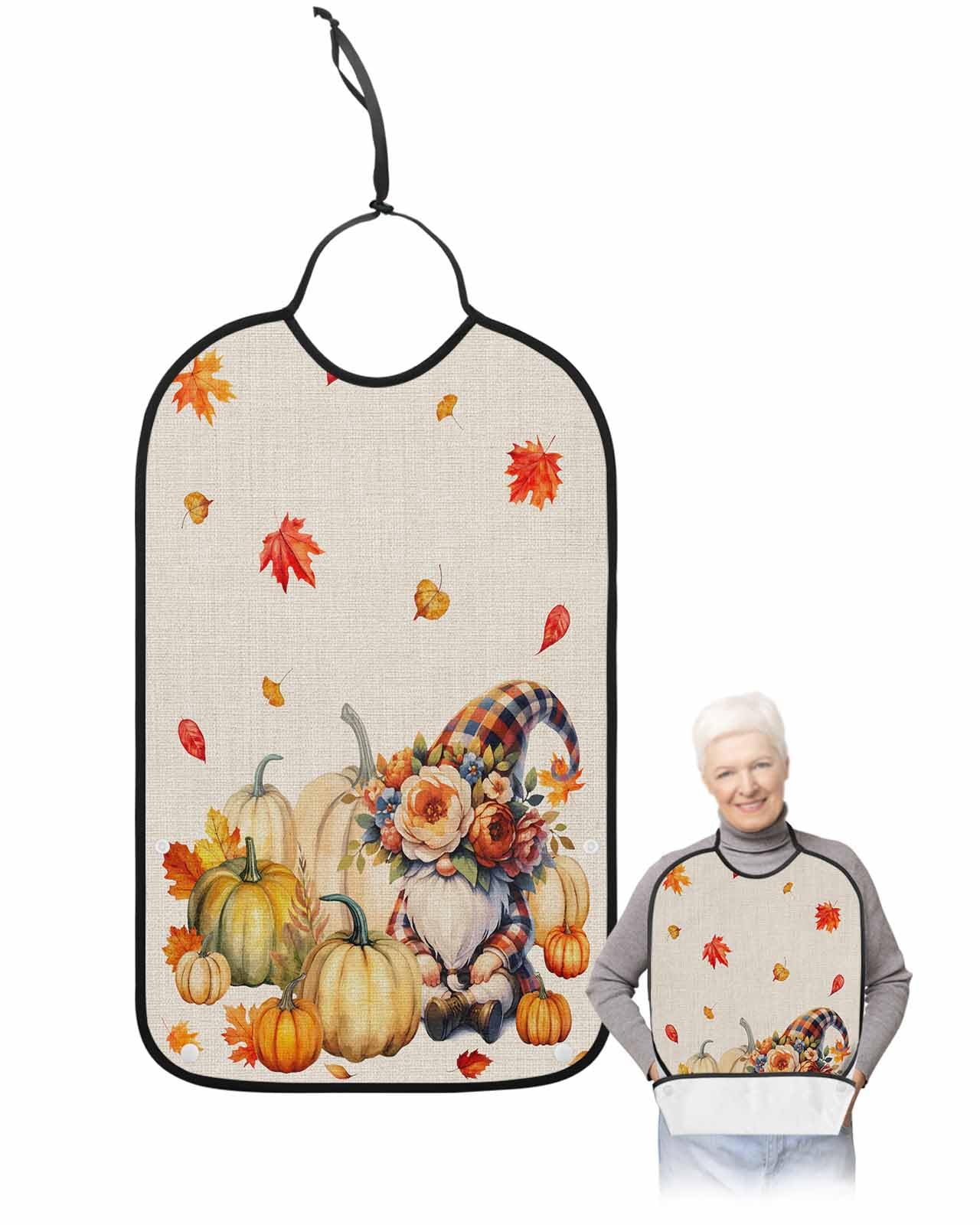 LEOKOTI Gnomes Fall Adult Bibs for Eating, Waterproof Bibs with Food Catcher & Adjustable Snap Closure, Thanksgiving Pumpkins Maple Leaf Washable Clothing Protectors Adult Bibs for Elderly Women/Men