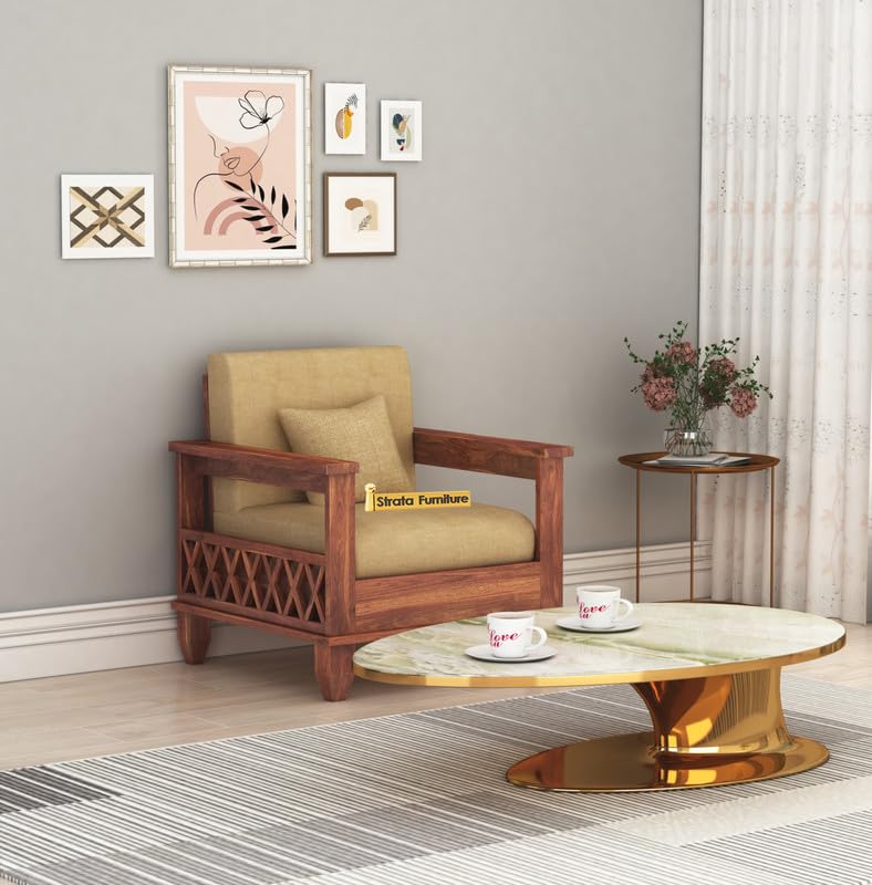 Image of STRATA FURNITURE Sheesham Wood 1 Seater Sofa Set for Living Room Hall Home Solid Wooden Single Seater Sofa Set Furniture (Honey Finish)