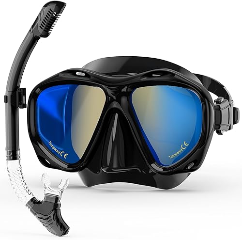 Snorkeling Gear for Adults, Dry Snorkel Mask Set Blue Electroplated 180 Panoramic Wide View Anti-Fog Scuba Diving Mask Goggles, Professional Snorkel
