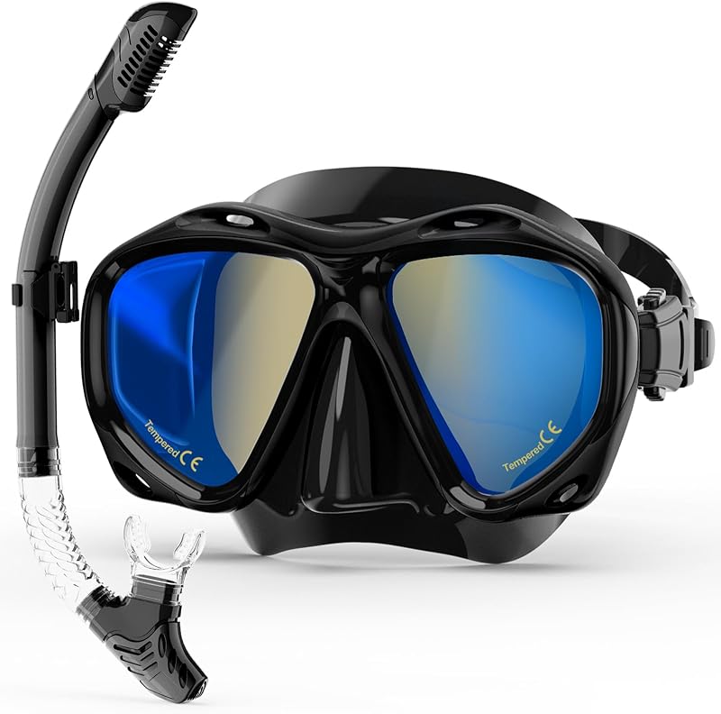 Snorkeling Gear for Adults, Snorkel Mask With Mirrored Tempered Glass Lens 180° Wide View Anti-Fog Scuba Diving Mask, Professional Snorkel Set for Swimming Diving, Gifts for Women Mom Men Dad