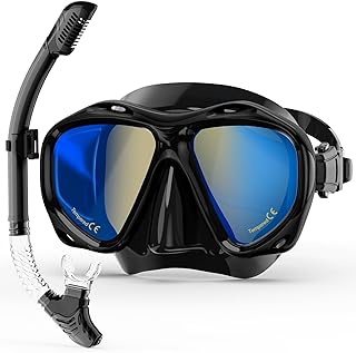 Snorkeling Gear for Adults, Dry Snorkel Mask Set Blue Electroplated 180° Panoramic Wide View Anti-Fog Scuba Diving Mask Goggles, Professional Snorkel Gear for Adults Swimming, Diving