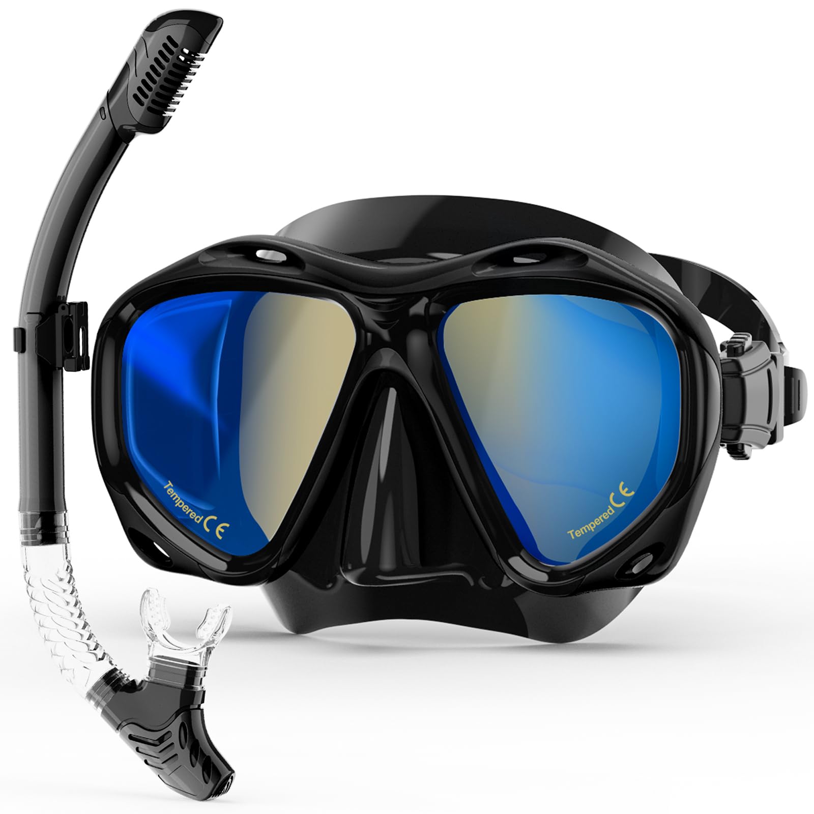 Snorkeling Gear for Adults, Dry Snorkel Mask Set Blue Electroplated 180° Panoramic Wide View Anti-Fog Scuba Diving Mask Goggles, Professional Snorkel Gear for Adults Swimming, Diving
