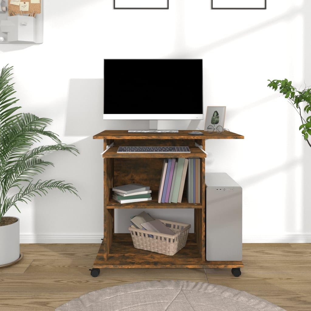Rolling Computer Desk with Keyboard Tray & CPU Stand, Smoked Oak | Space-saving engineered wood workstation measuring 31.5 x 19.7 x 29.5 inches, ideal for small home office spaces.