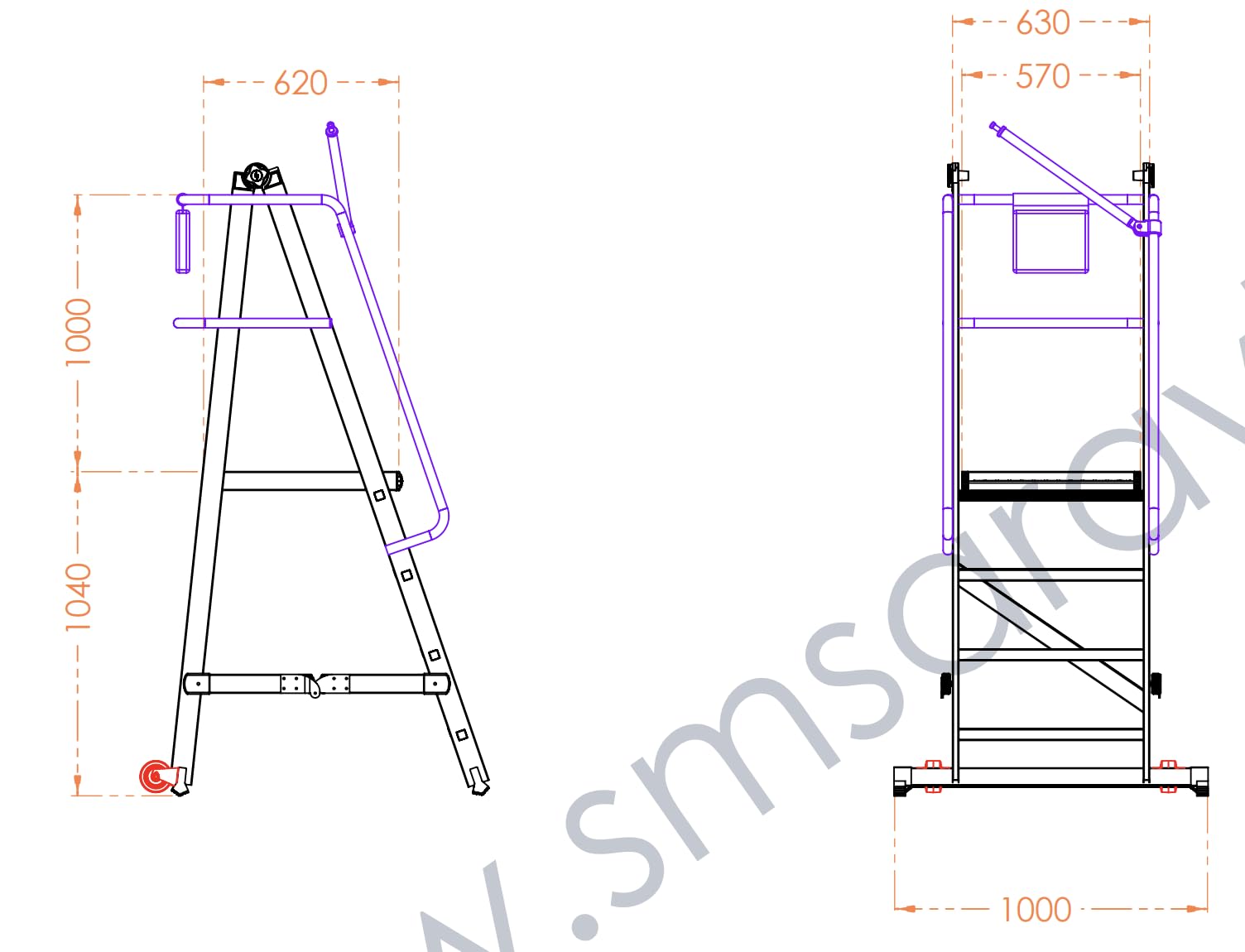 Escabeau à Plateforme roulante Pliable en Aluminium renforcé – 3 marches + Plateforme (570 x 620 cm), H. 104 cm avec Garde-Corps de sécurité – SARAYLI 8103