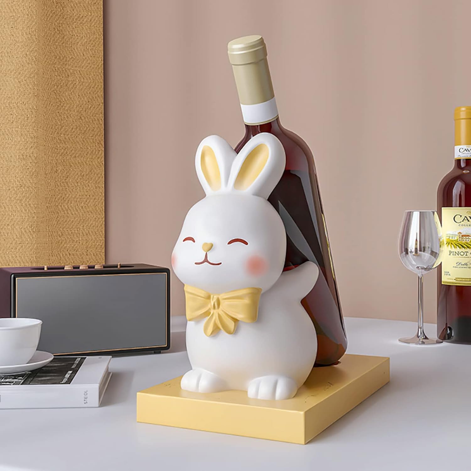Modern Resin Wine Holder With Wood Base|Small Wine Rack Countertop Decor Display Rack|Creative Cute Rabbit Wine Storage Shelf|Tabletop Wine Bottle Organizer Rack,Yellow,18x11x18cm(7.0x4.3x7.0in)