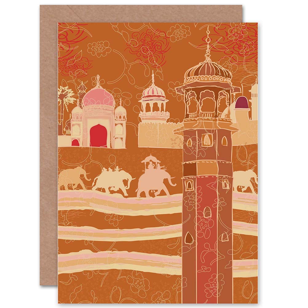 Wee Blue Coo DT BROWN INDIAN DECOR WITH ELEPHANTS BIRTHDAY BLANK GREETINGS CARD