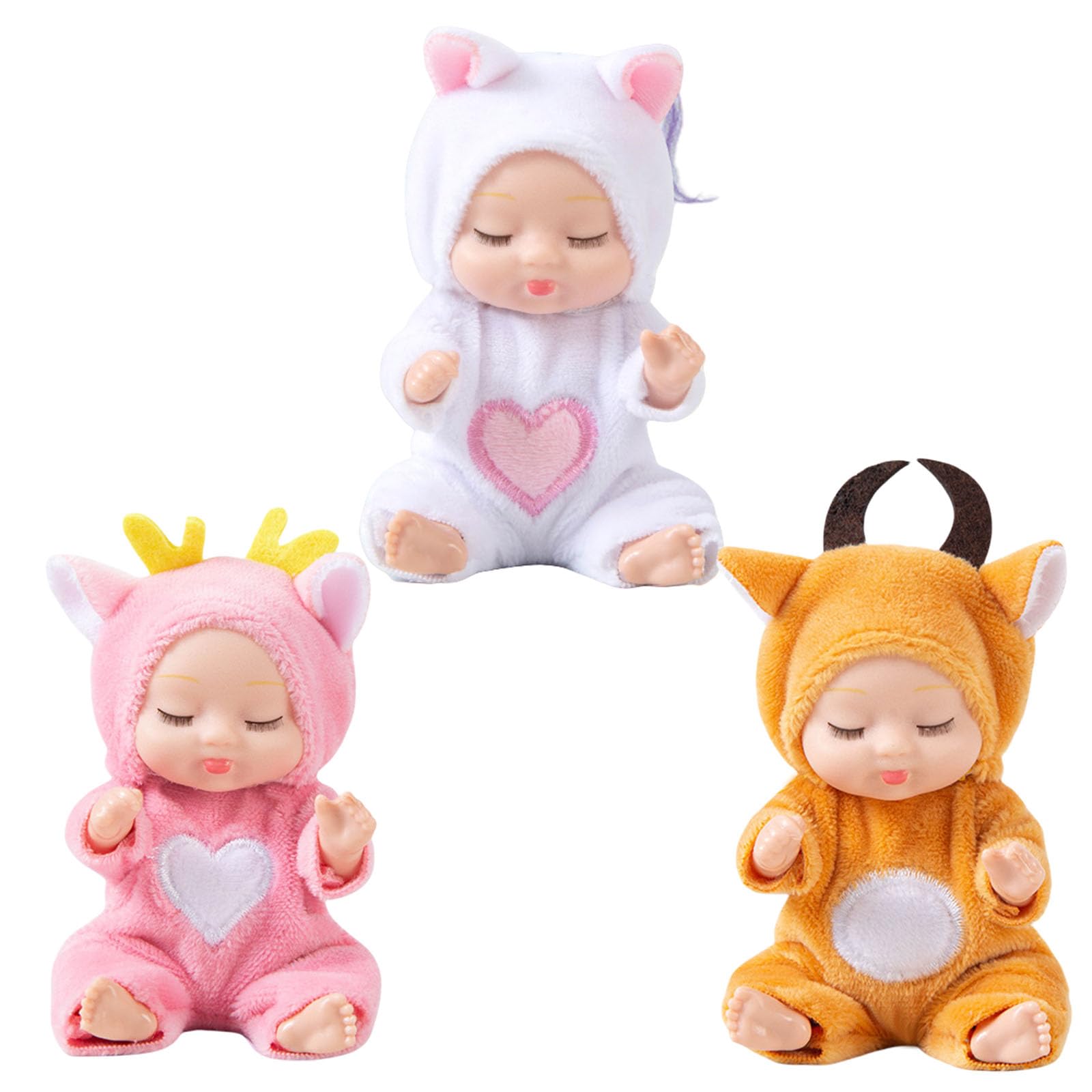3Pcs Tiny Treasures Baby Doll Mini Reborn Dolls with Animal Clothes,Cute Little Doll Baby Elves Realistic Rebirth Dolls Miniature Cry Baby Doll Accessories for Girls Boys Kids Christmas Birthday Gifts