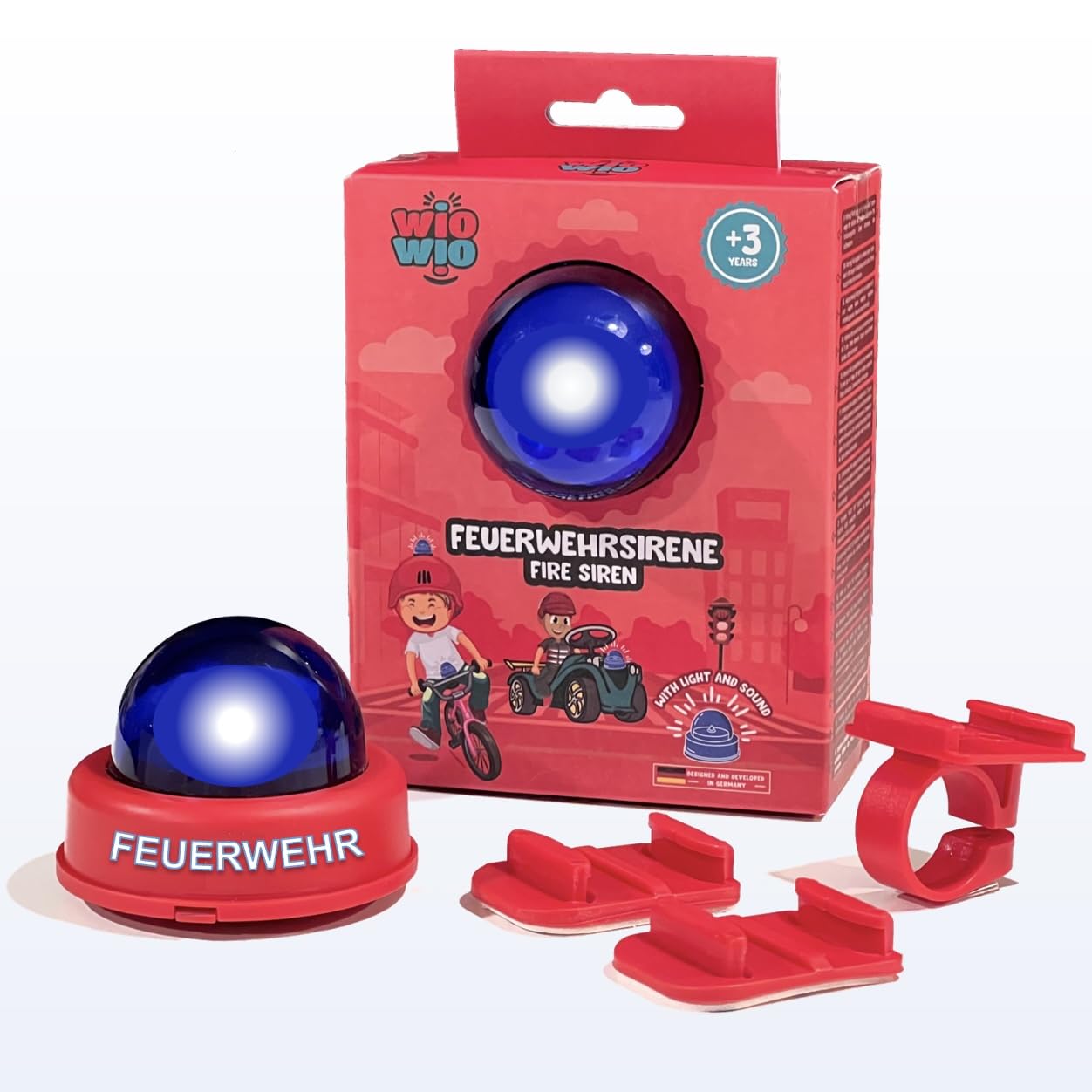wiowio Fahrradsirene für Kinder, Blaulicht mit Halterung für Fahrrad, Roller, Laufrad, Lenker, Helm, Rutschauto, Klingel, Geschenk Spielzeug ab 3 Jahre Baumarkt