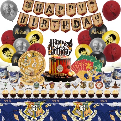 Vaisselle de Fête de Wizard Anniversaire Décorations Harry Potter 80 PCS, Fournitures de Fête Magicien Vaisselle Assiettes Tasses Serviettes Nappes Bannière Ballons Harry Gâteau Déco-10 Invités