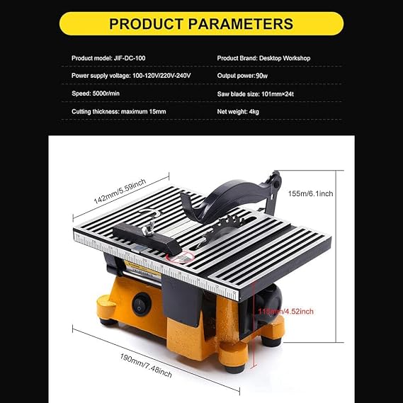 Mini Table Saw Bench 90W Metal Wood Glass Stone Sawing Cutting Machine 110V Mini Table Saw Cutting Tool DIY Woodworking Saw Cutter Bench Top Sawing Machine with 2 Saw Blades 4500RPM