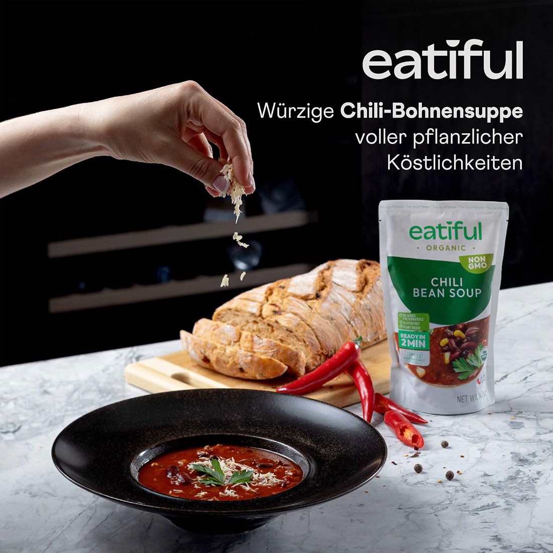 EATIFUL Chili-Suppe, Verzehrfertige Vegane Chili-Bohnensuppe, Hergestellt Aus Biologischem Gemüse, Pflanzlich, Glutenfrei, Ohne Gentechnik, 400g (Packung mit 10 Stück)