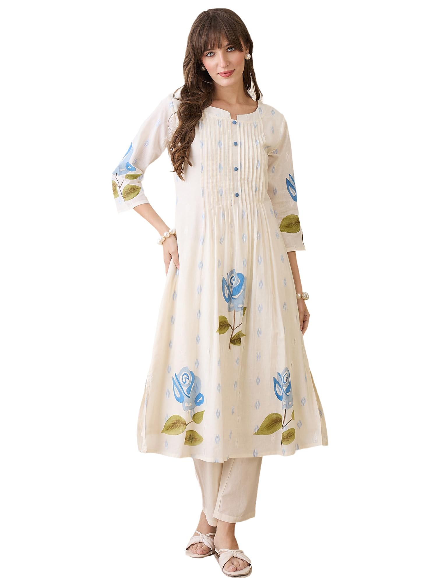 INDO ERA Women Rayon Viscose Floral Embroidered A-Line Kurta With Pant Set/Co-Ord Set
