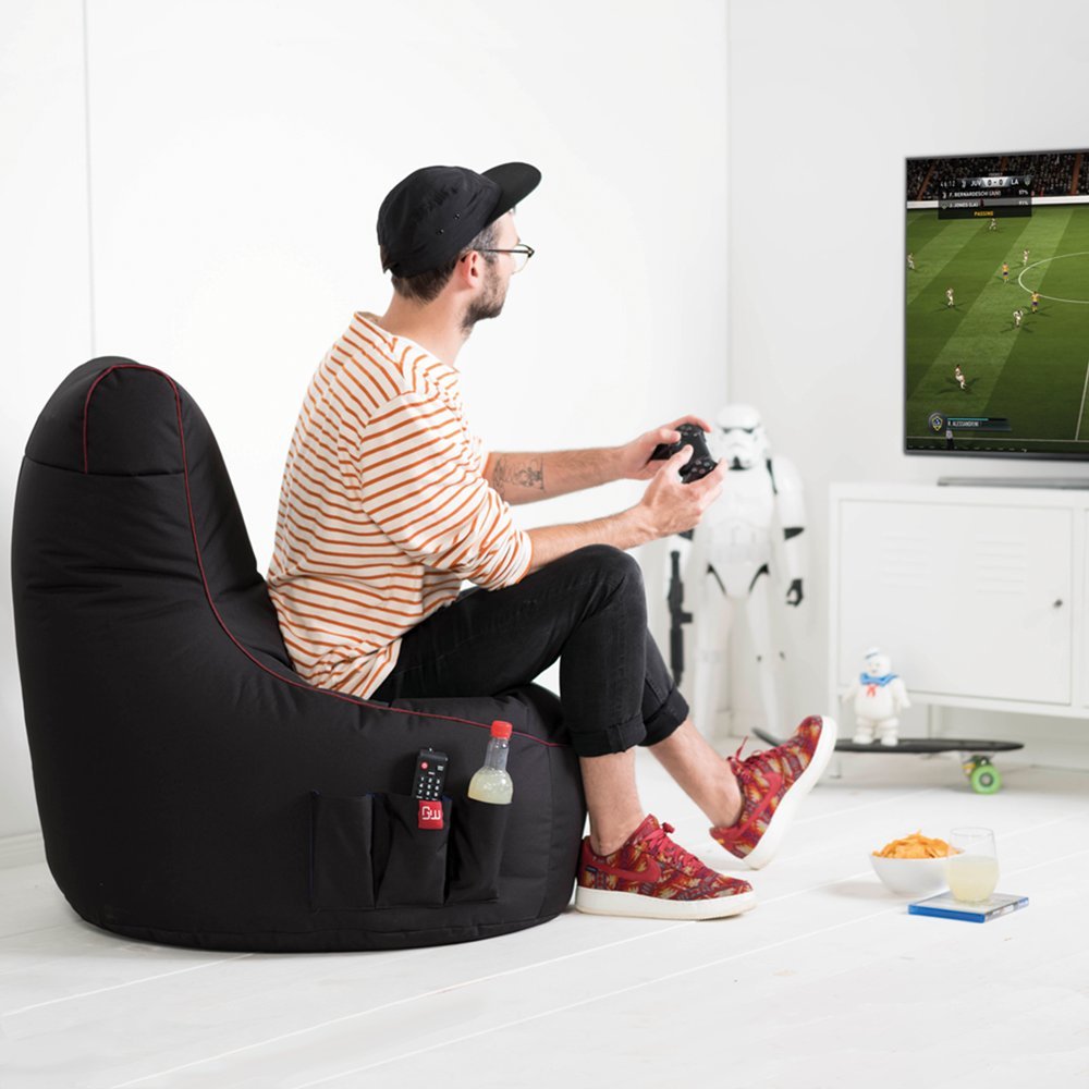 Gamewarez Crimson Thunder 2.0 Bundle – Set aus Gaming-Hocker und Gaming-Sitzsack, mit Seitentasche & Headset-Halter, Made in Germany, schwarz-rot